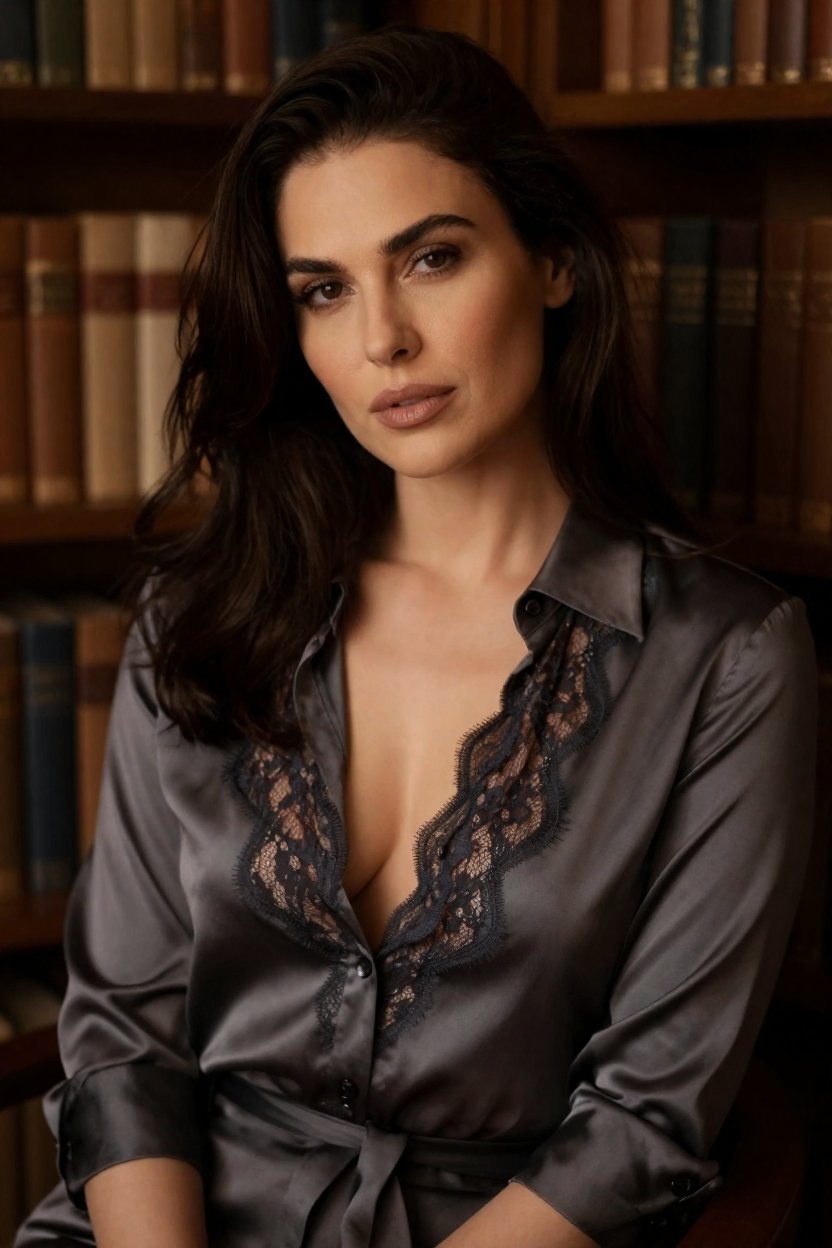 Photorealistic boudoir portrait of a fictional 28-year-old woman with long dark brunette hair, mature elegant features,